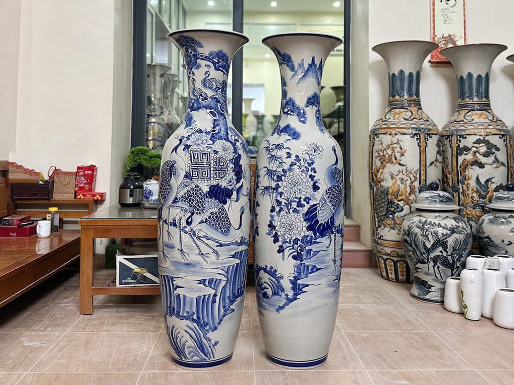 Lọ lộc bình Bát Tràng men lam Tùng Hạc Ngũ Phúc 1m4 4